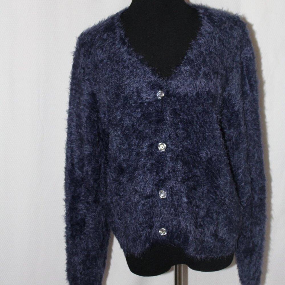 Fair Lady Vintage Mohair Sweater Cardigan V-Neck Blue Jewel Button US 10 BOHO